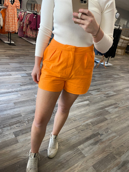 Pleated Linen Shorts - Tangerine