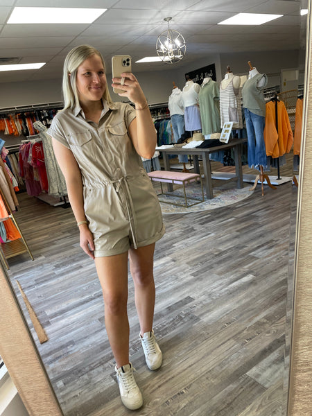 Leather Tie Waist Romper - Taupe