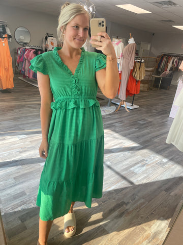 Textured Tiered Midi Dress - Kelly Green