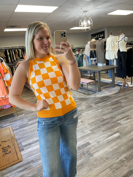 Checkerboard Halter Sweater Knit Top - Orange/White