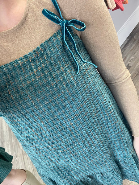 Tweed Drop Waist Mini Dress - Teal