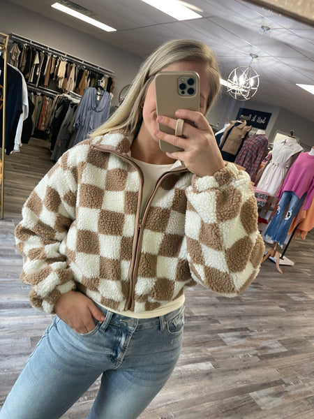 Checkered Teddy Full Zip Jacket - Taupe