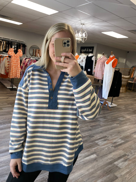 Striped Henley Pullover - Denim Blue