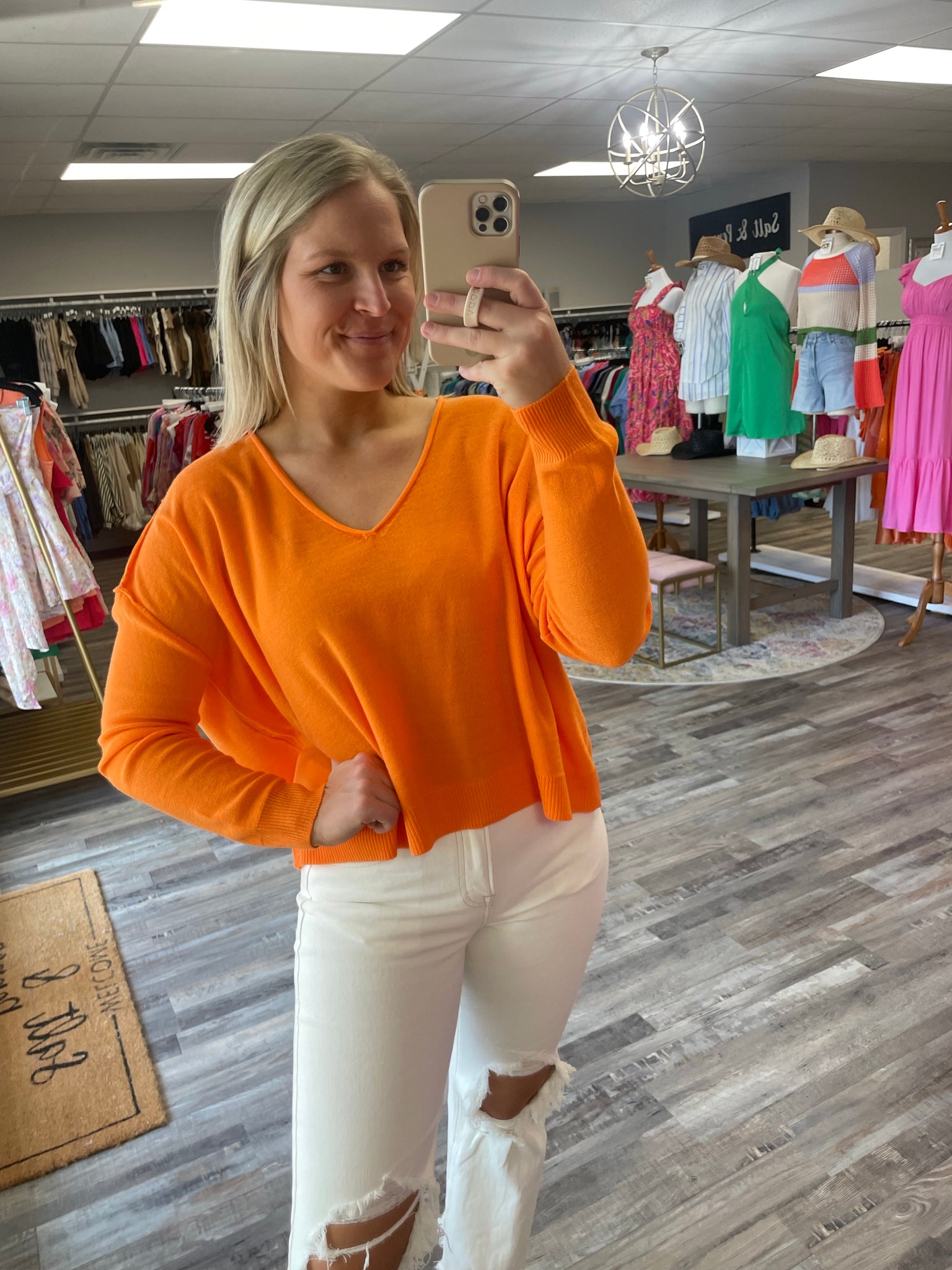 V-Neck Seam Detail Sweater - Tangerine