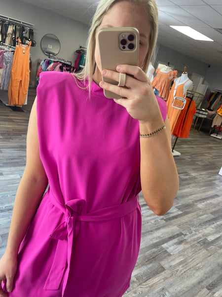 Muscle Sleeve Belted Dress - Magenta