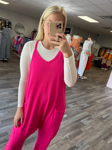 V-Neck Ribbed Knit Jumpsuit - Fuchsia