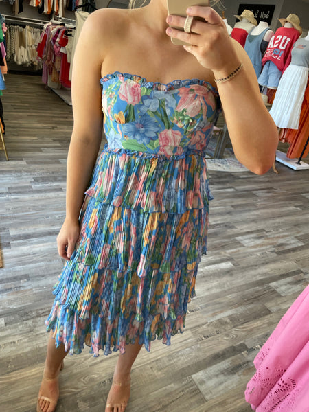 Pleated Strapless Floral Dress - Blue