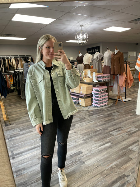 Stud Acid Wash Denim Shacket - Olive