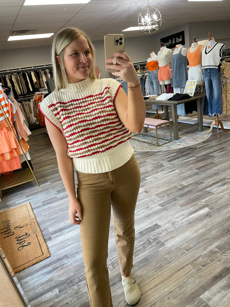 Striped Mock Neck Sweater Vest - Ivory/Red