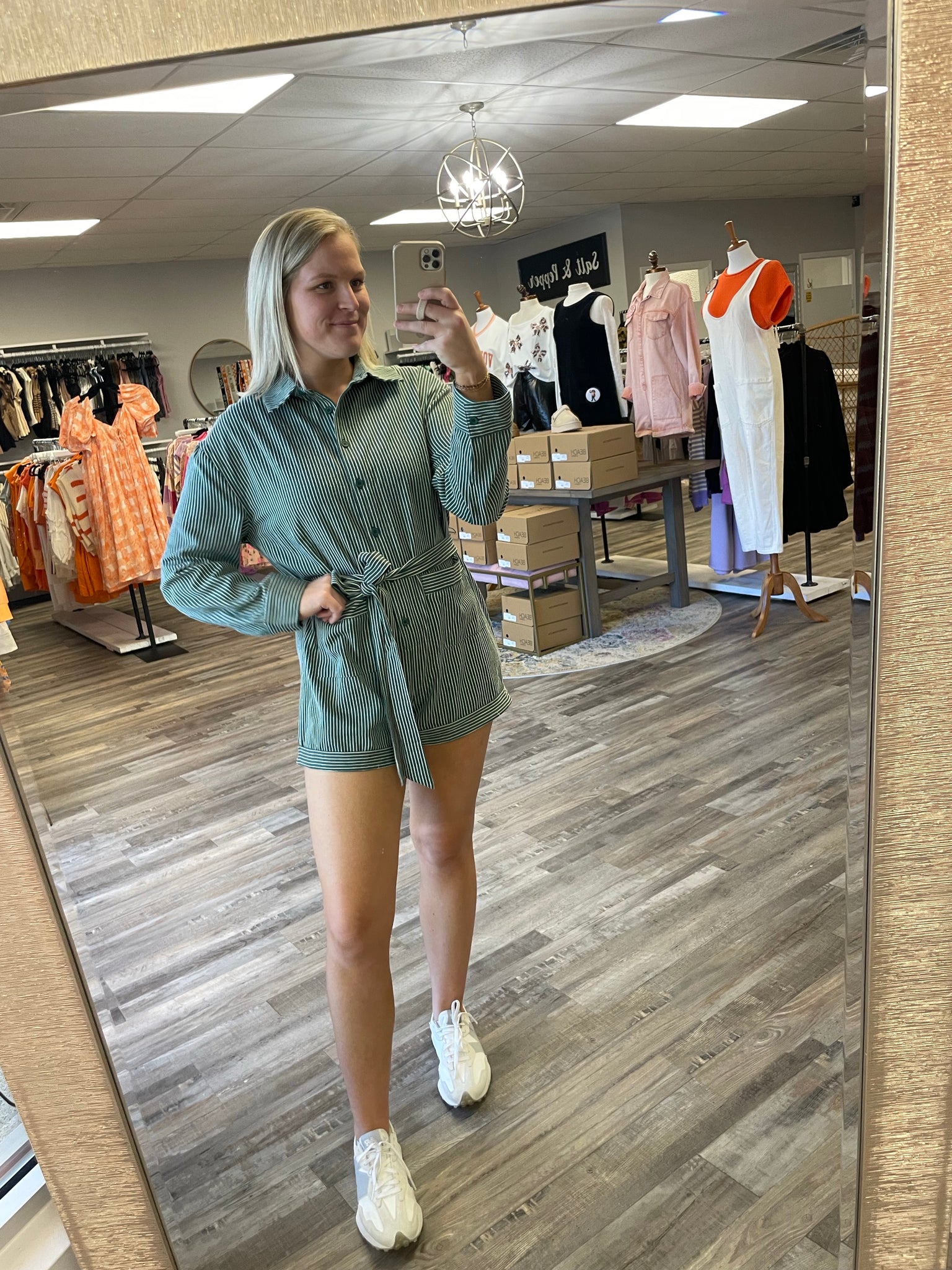 Pin Stripe Long Sleeve Romper - Hunter Green