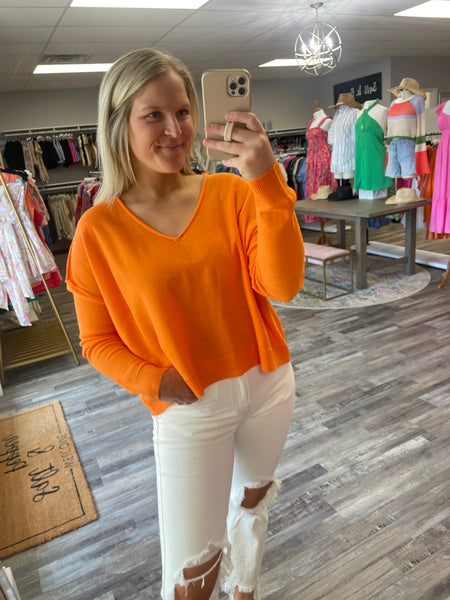 V-Neck Seam Detail Sweater - Tangerine