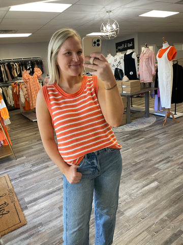 Striped Sweater Tank - Orange/White