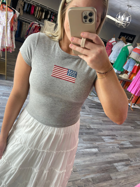 USA Flag Baby Tee - Heather Grey