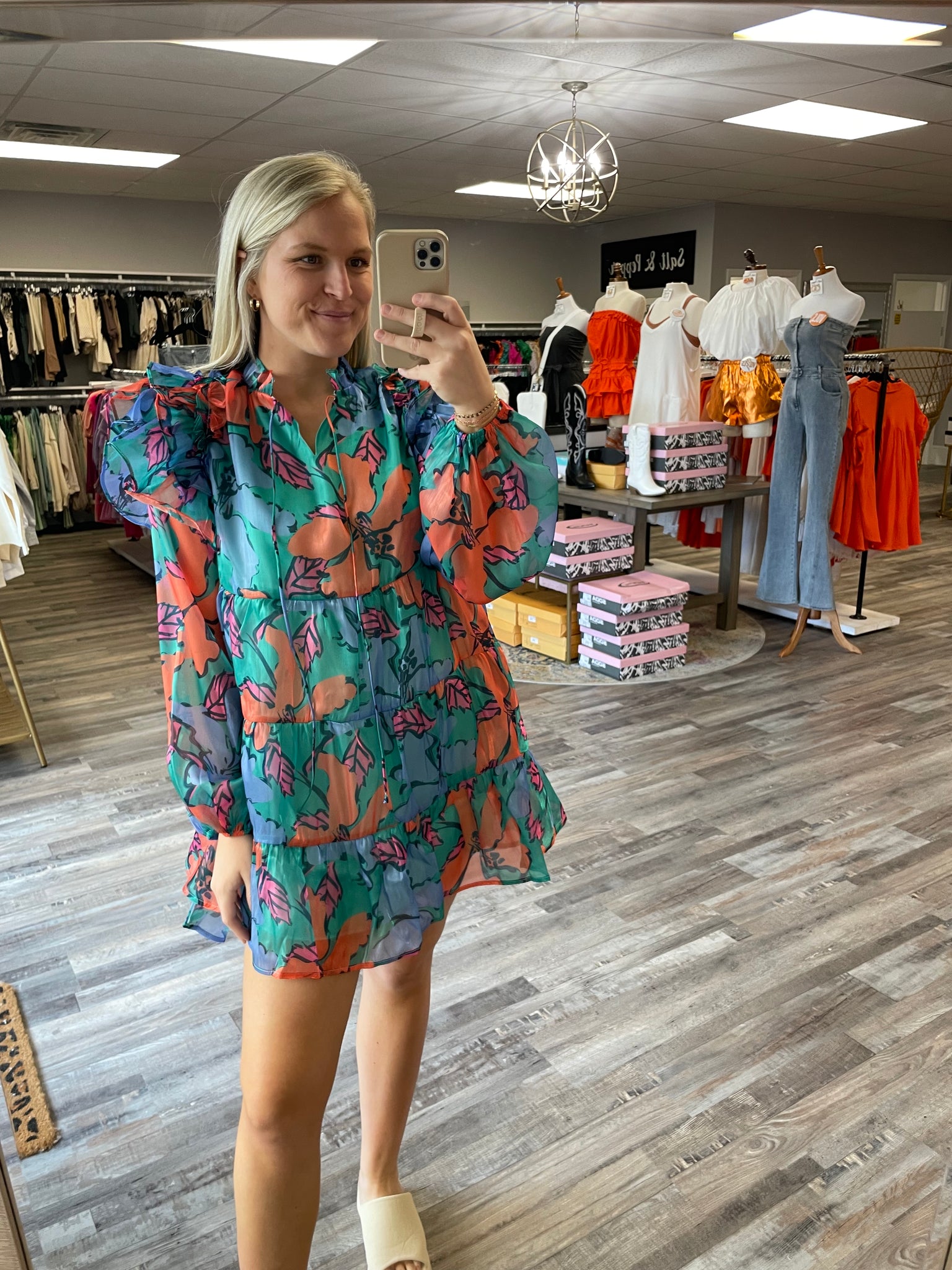 Floral Print Organza Dress - Green/Orange Multi