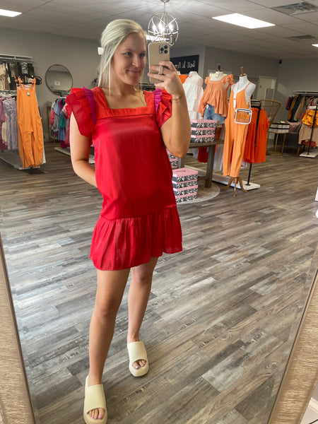 Multi Color Ruffle Sleeve Dress - Red