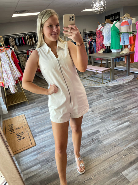 Sleeveless Zipper Denim Romper - Off White