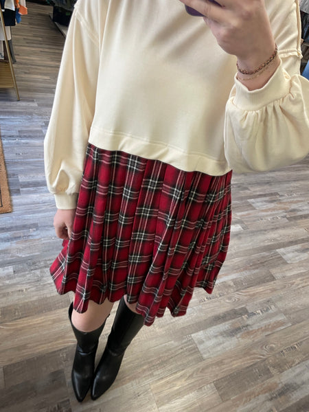 Twofer Sweatshirt & Plaid Skirt Dress - Ecru