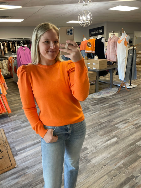 Puff Sleeve Crew Neck Sweater - Tangerine