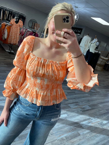 Gingham Print Bubble Sleeve Top - Orange