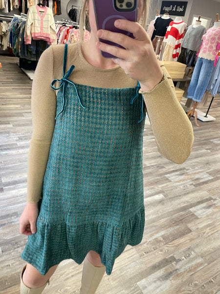 Tweed Drop Waist Mini Dress - Teal