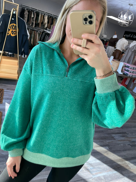 Rib Knit Quarter Zip Pullover - Kelly Green