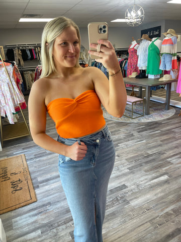 Rib Twist Knot Bandeau Top - Orange