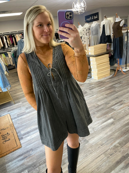 Pleated V-Neck Denim Romper - Grey