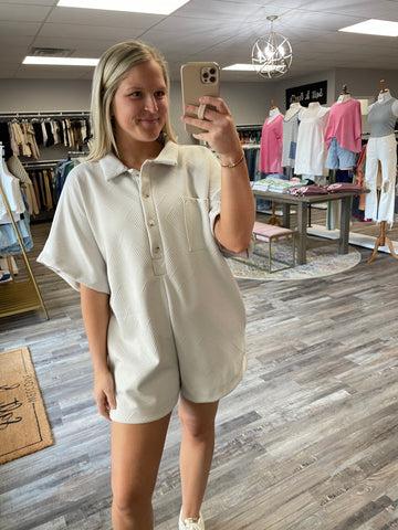 Textured Button Up Collared Romper - Silver
