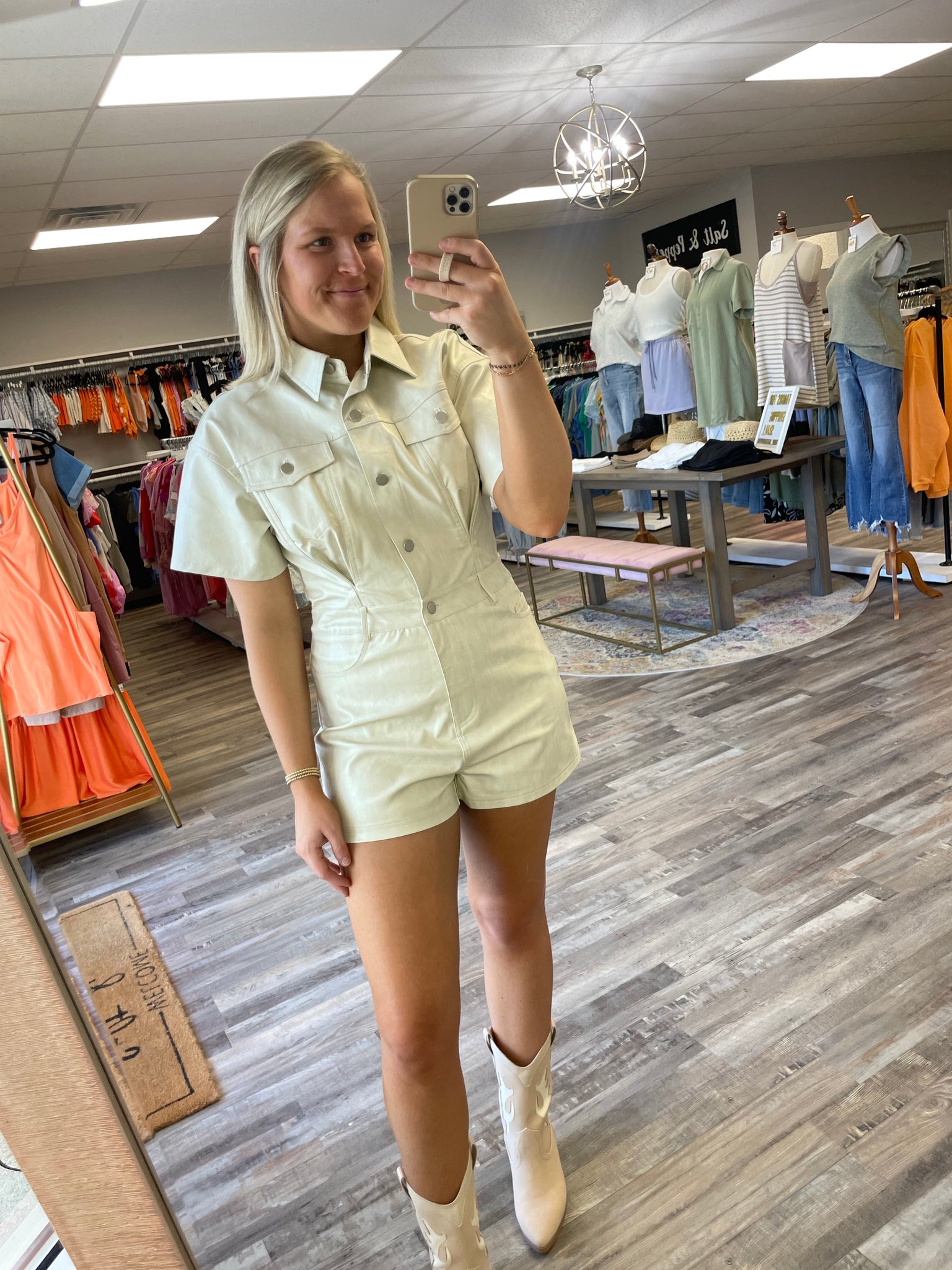 Short Sleeve Leather Romper - Ivory