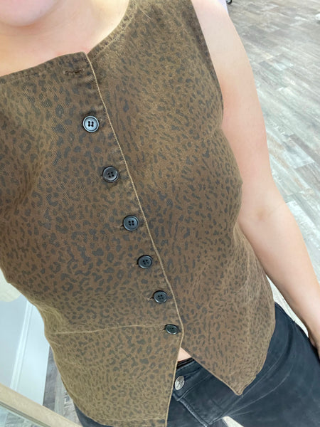 Boatneck Cheetah Button Down Top - Brown/Black