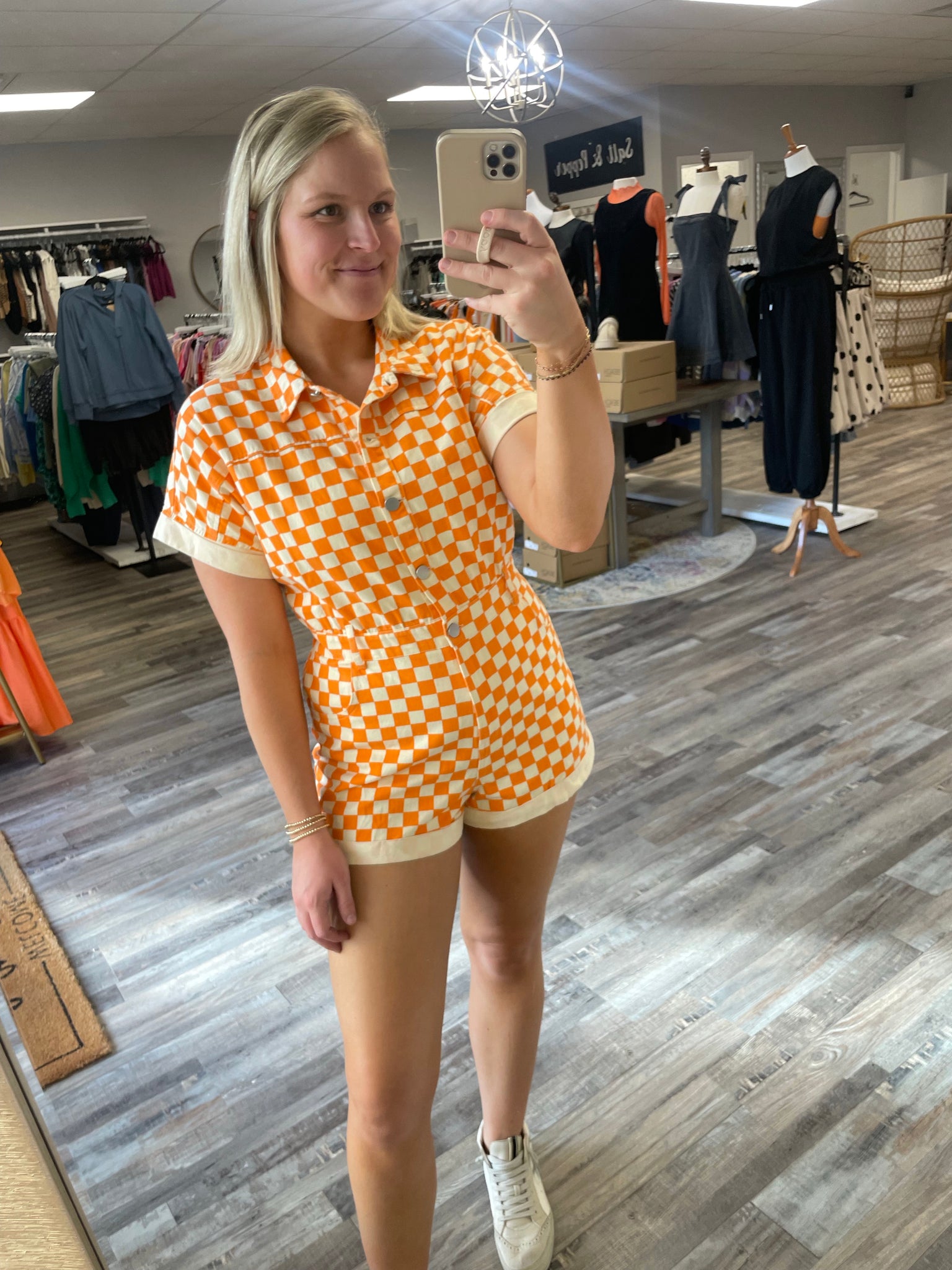 Checkerboard Romper - Orange/White