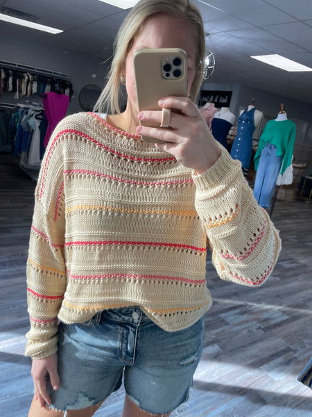 Striped Long Sleeve Knit Sweater - Cream/Pink