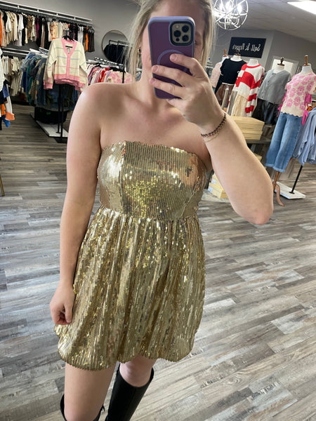 Strapless Bubble Hem Sequin Dress - Gold