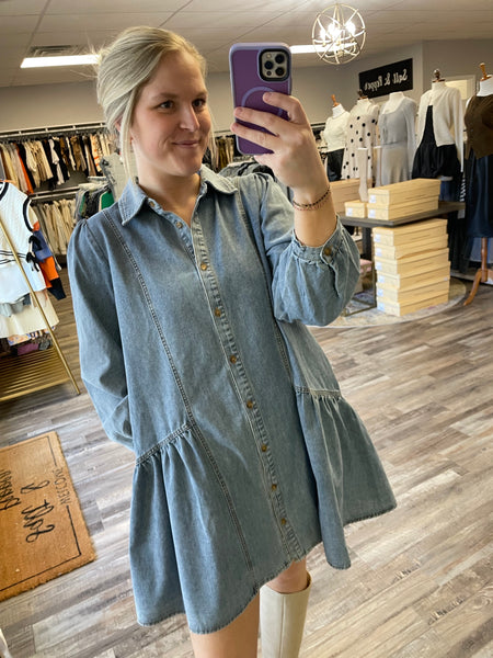 Long Sleeve Denim Dress - Medium Wash