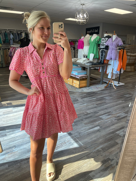 Floral Piping V-Neck Dress - Pink Mix