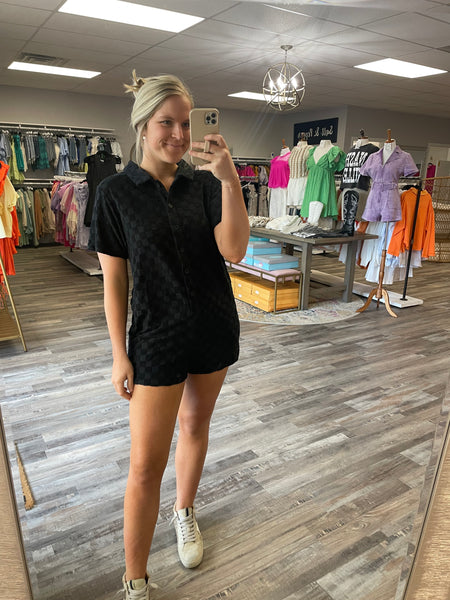 Terry Knit Checkered Romper - Black