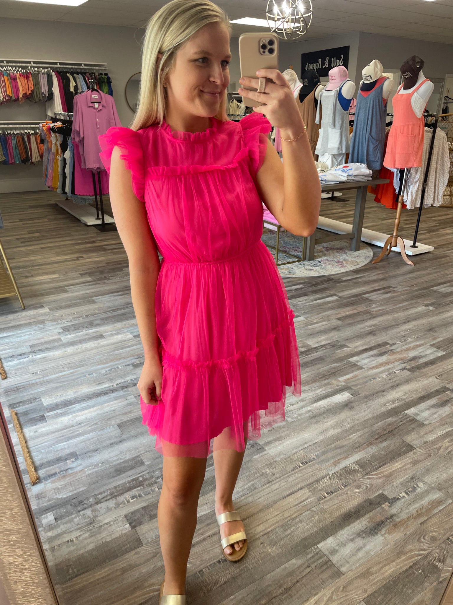 Mesh Ruffled Mini Dress - Pink