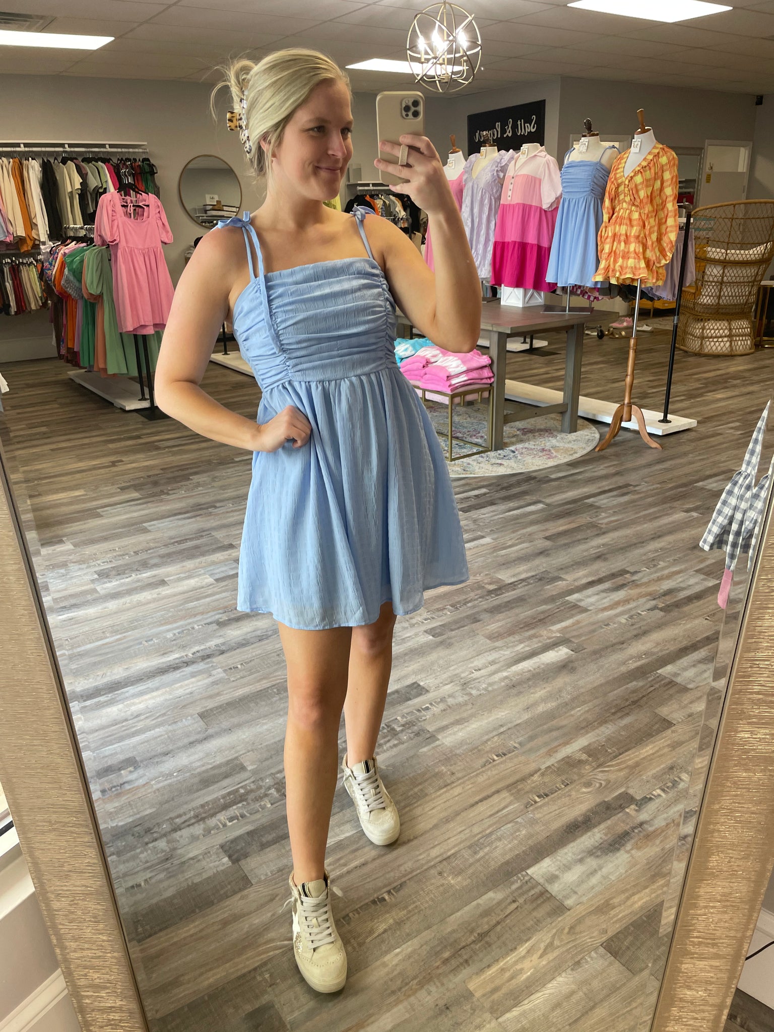 Ruched Smocked Back Dress - Sky Blue