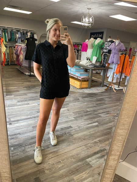 Terry Knit Checkered Romper - Black