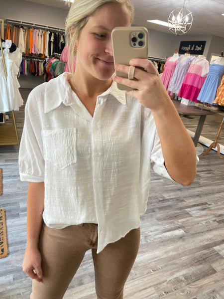 Short Sleeve Button Down Top - White