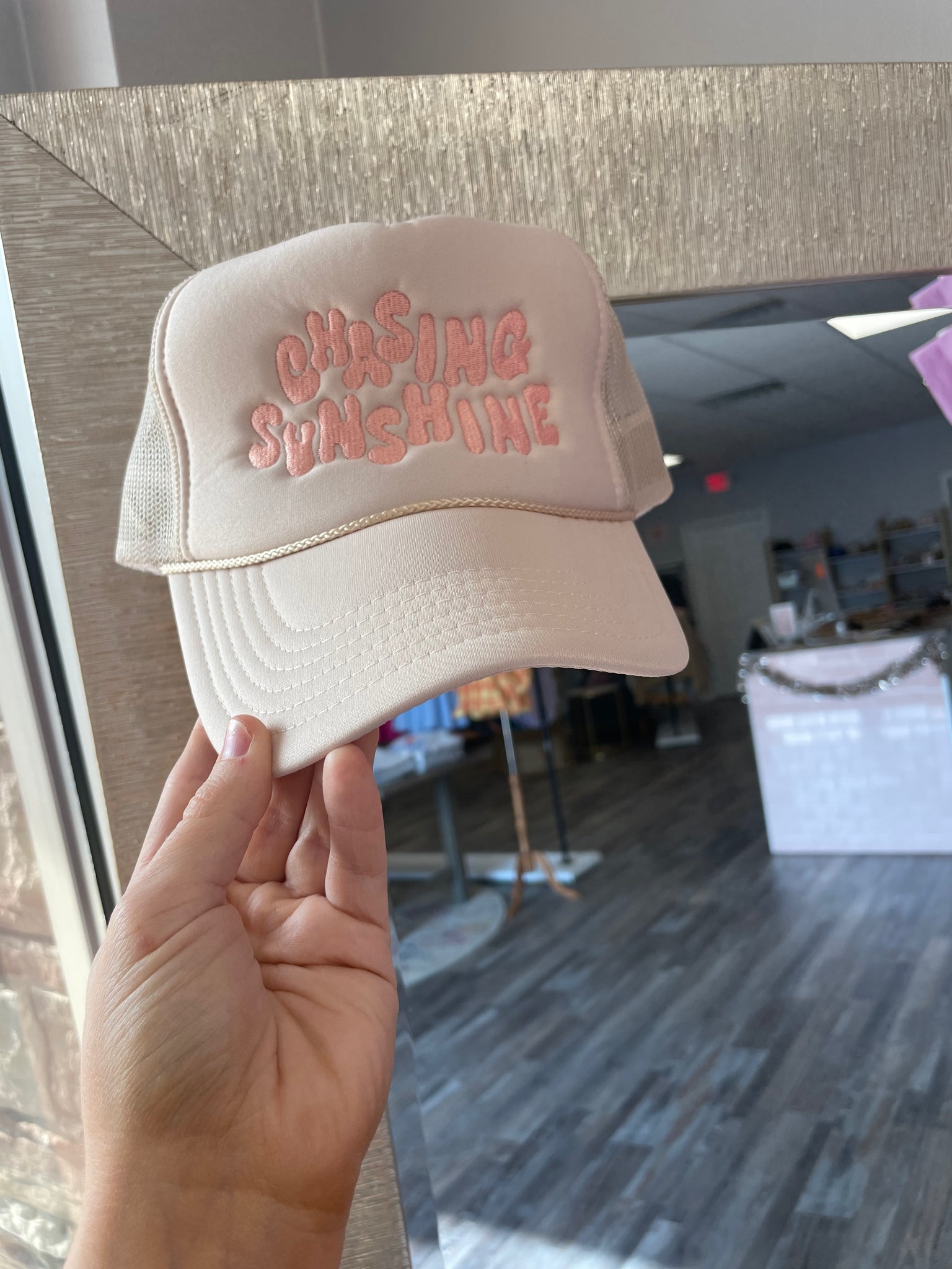 Chasing Sunshine Trucker Hat Tan Salt Pepper Boutique