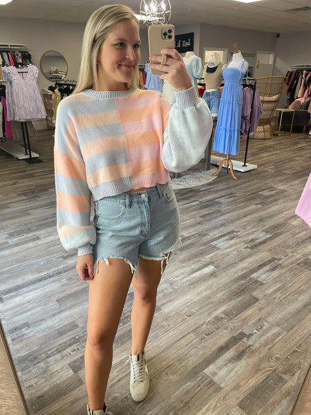 Color Block Cropped Sweater - Peach Multi