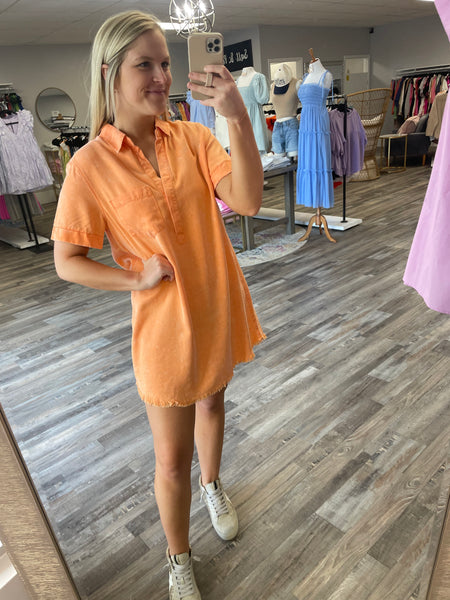Washed Denim Shirt Dress - Washed Tangerine