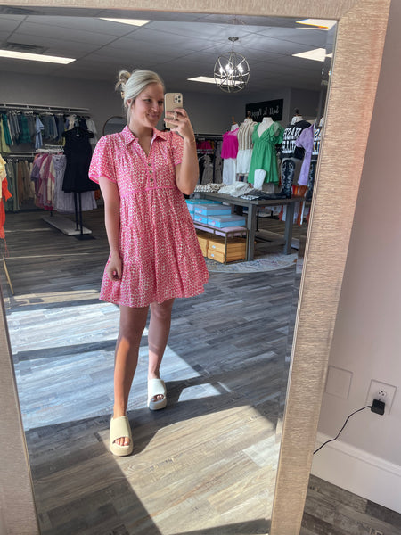 Floral Piping V-Neck Dress - Pink Mix