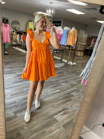 Ruffled Shoulder Babydoll Dress - Orange