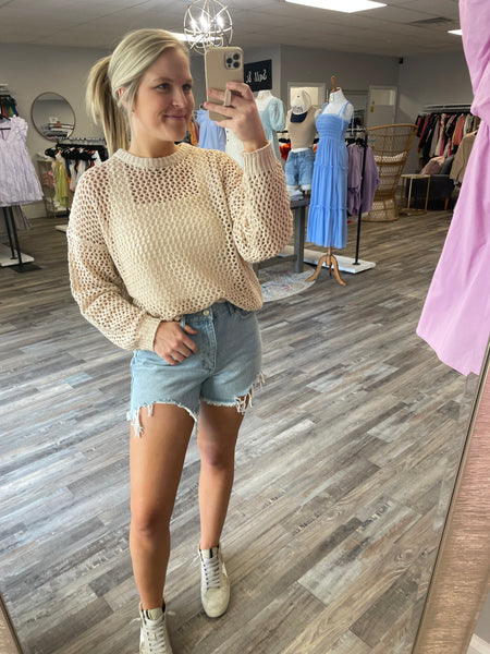 Round Neck Open Knit Sweater - Taupe