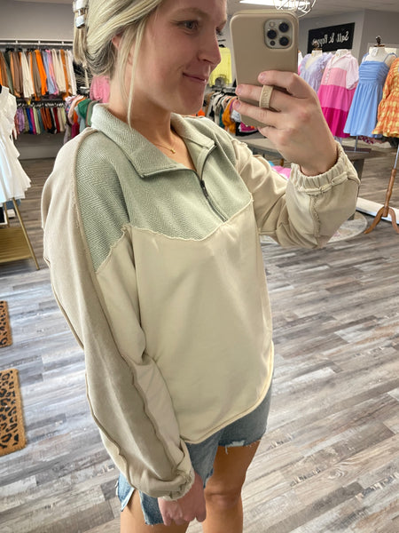 Color Block Half Zip Pullover - Mint/Ecru