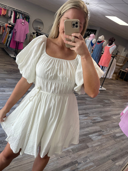 Bubble Sleeve Flared Dress - White