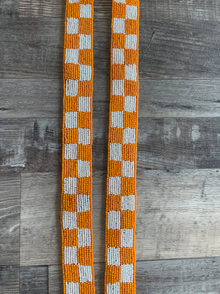 Checkerboard Beaded Purse Strap - Orange/White