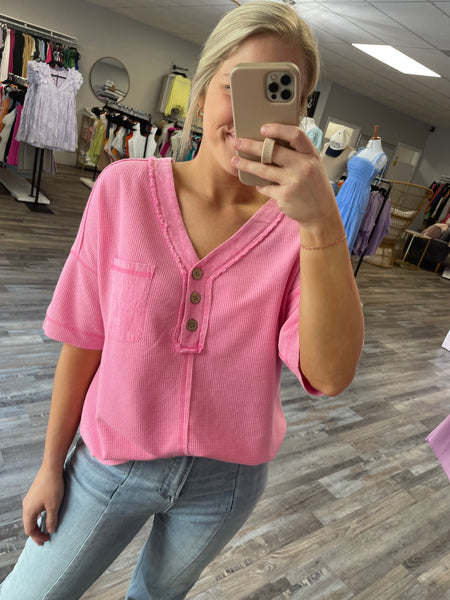 Woven Contrast V-Neck Short Sleeve - Pink